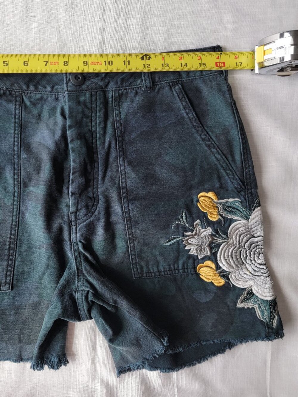 Free People Scout Camo Embroidered Utility Shorts Green Floral Frayed Hem - Picture 8 of 15